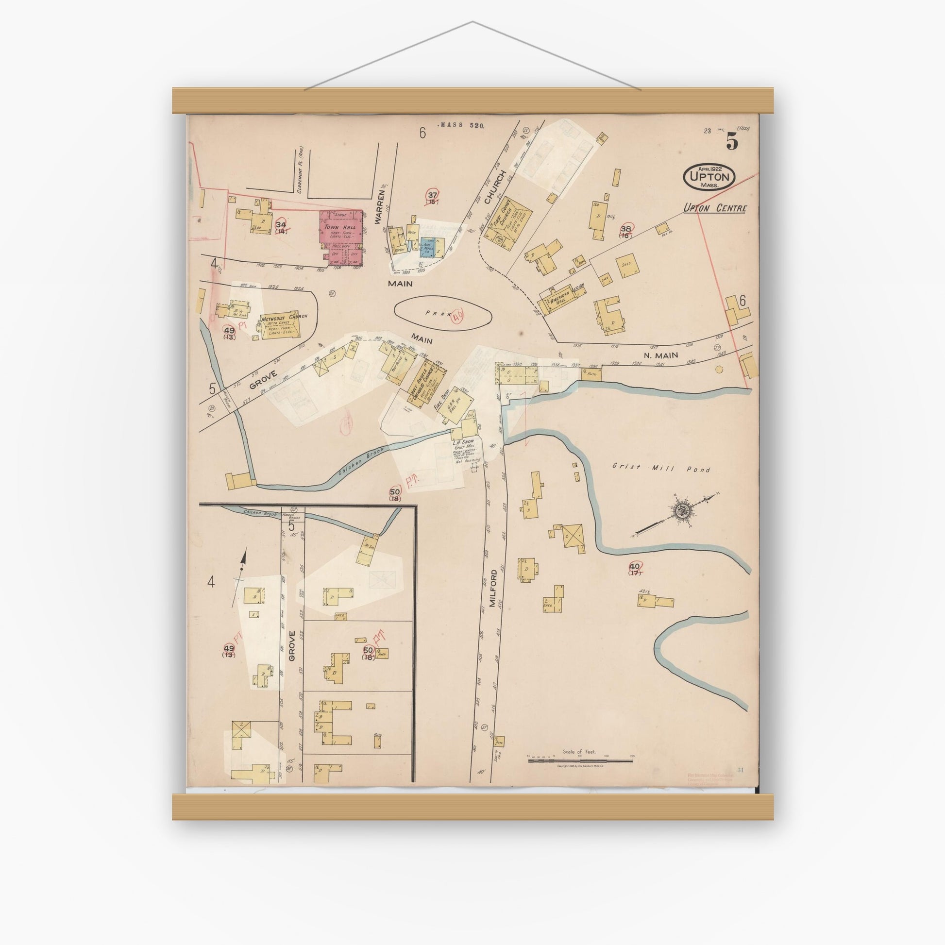 Old map wall art mockup — magnetic wood frame on white wall — Sanborn Fire Insurance Map from Upton, Worcester County, Massachusetts (1945), Sheet #0005