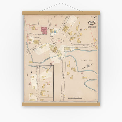 Old map wall art mockup — magnetic wood frame on white wall — Sanborn Fire Insurance Map from Upton, Worcester County, Massachusetts (1945), Sheet #0005