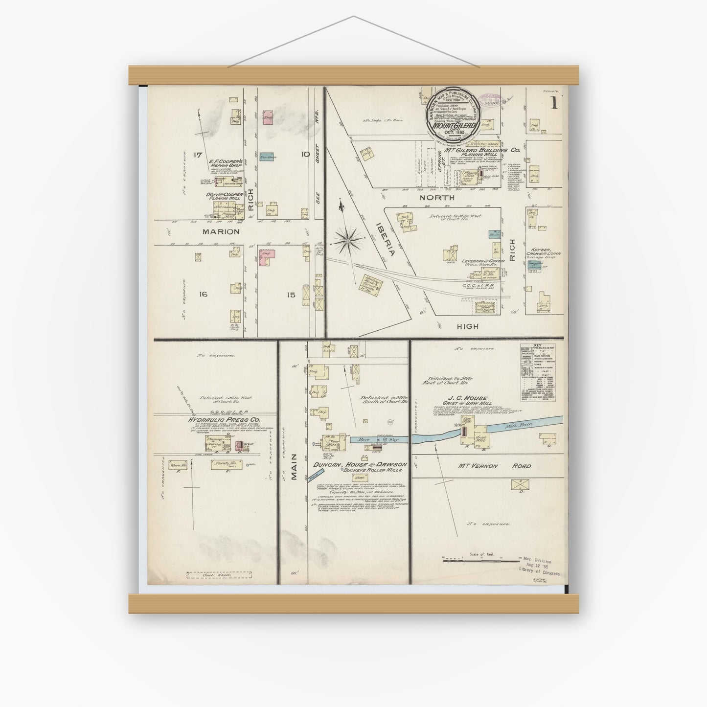 Old map wall art mockup — magnetic wood frame on white wall — Sanborn Fire Insurance Map from Mount Gilead, Morrow County, Ohio (1885), Sheet #0001
