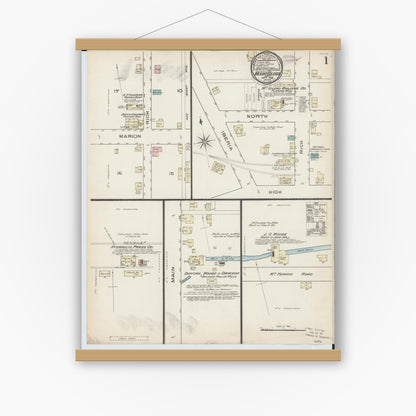 Old map wall art mockup — magnetic wood frame on white wall — Sanborn Fire Insurance Map from Mount Gilead, Morrow County, Ohio (1885), Sheet #0001
