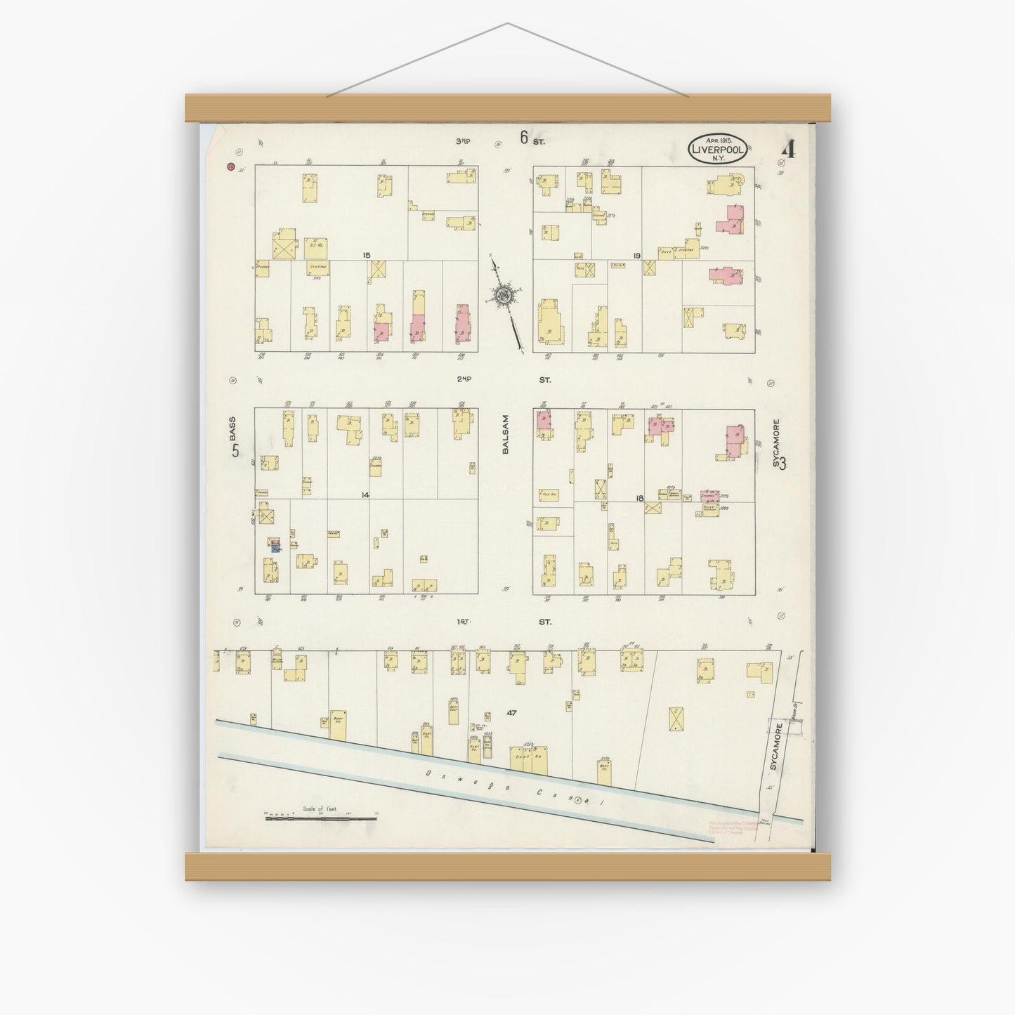 Old map wall art mockup — magnetic wood frame on white wall — Sanborn Fire Insurance Map from Liverpool, Onondaga County, New York (1915), Sheet #0004