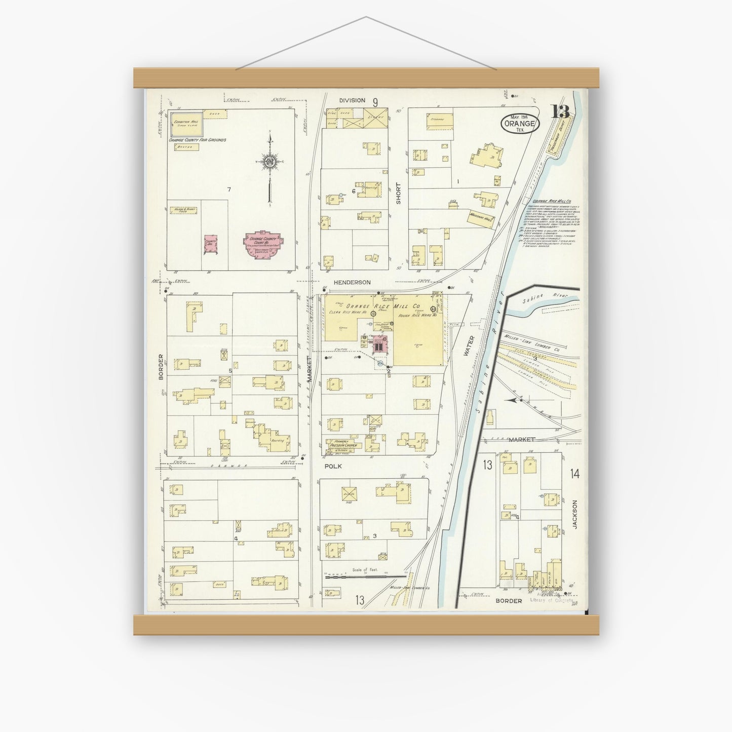Old map wall art mockup — magnetic wood frame on white wall — Sanborn Fire Insurance Map from Orange, Orange County, Texas (1914), Sheet #0013
