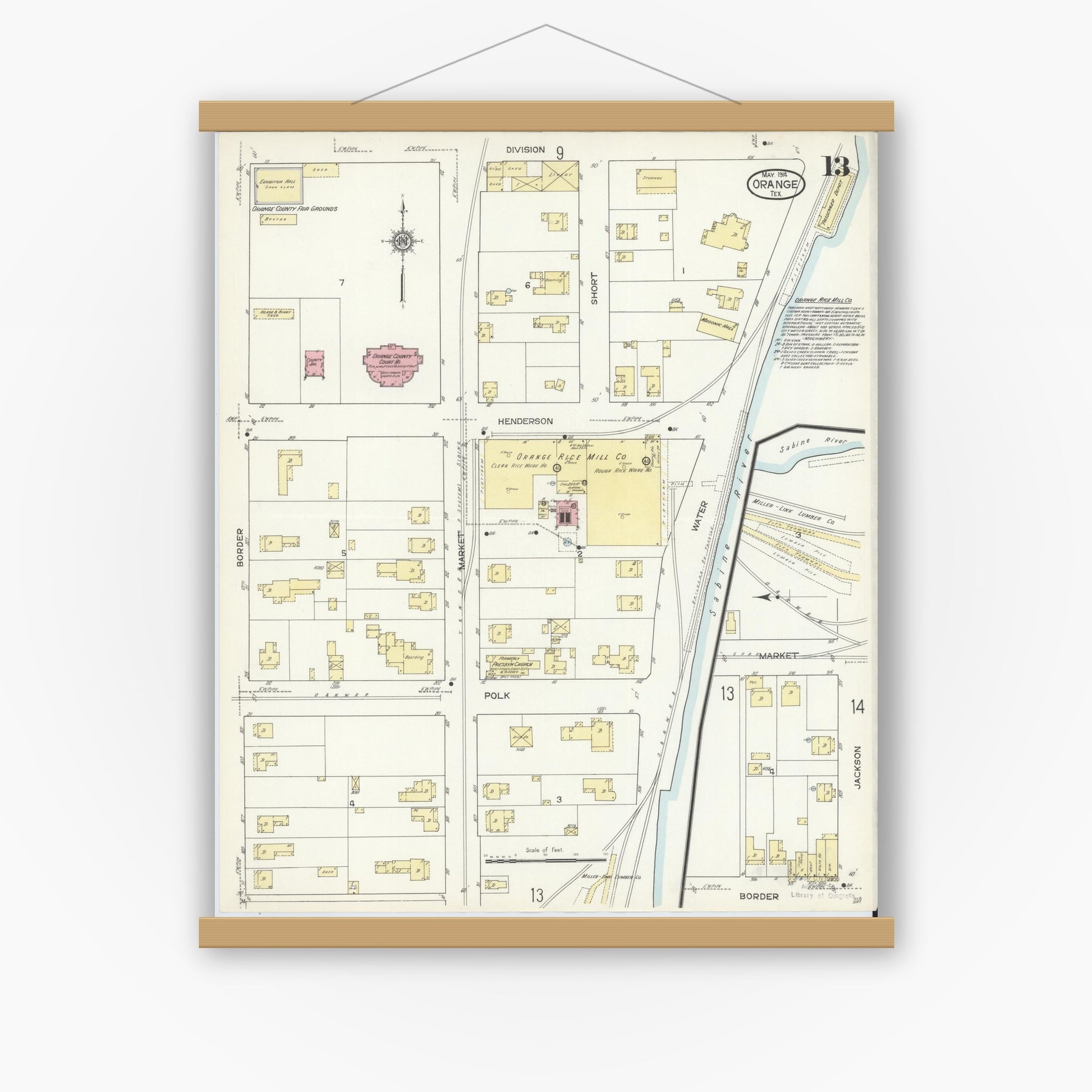 Old map wall art mockup — magnetic wood frame on white wall — Sanborn Fire Insurance Map from Orange, Orange County, Texas (1914), Sheet #0013