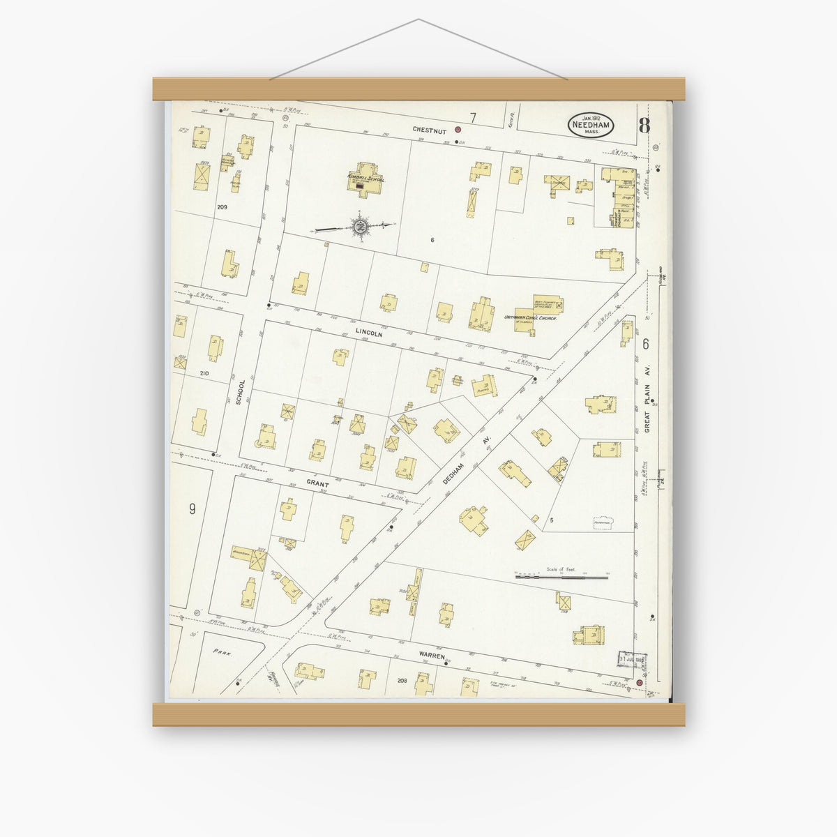 Old map wall art mockup — magnetic wood frame on white wall — Sanborn Fire Insurance Map from Needham, Norfolk County, Massachusetts (1912), Sheet #0008