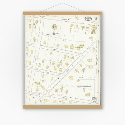 Old map wall art mockup — magnetic wood frame on white wall — Sanborn Fire Insurance Map from Needham, Norfolk County, Massachusetts (1912), Sheet #0008
