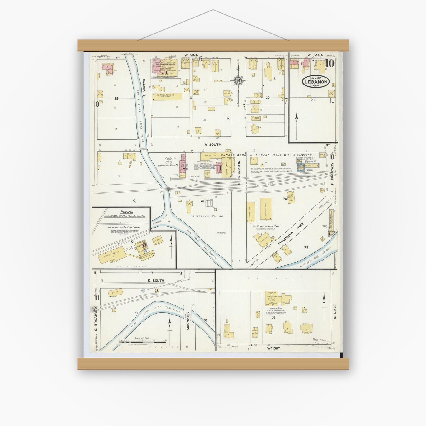 Old map wall art mockup — magnetic wood frame on white wall — Sanborn Fire Insurance Map from Lebanon, Warren County, Ohio (1917), Sheet #0010