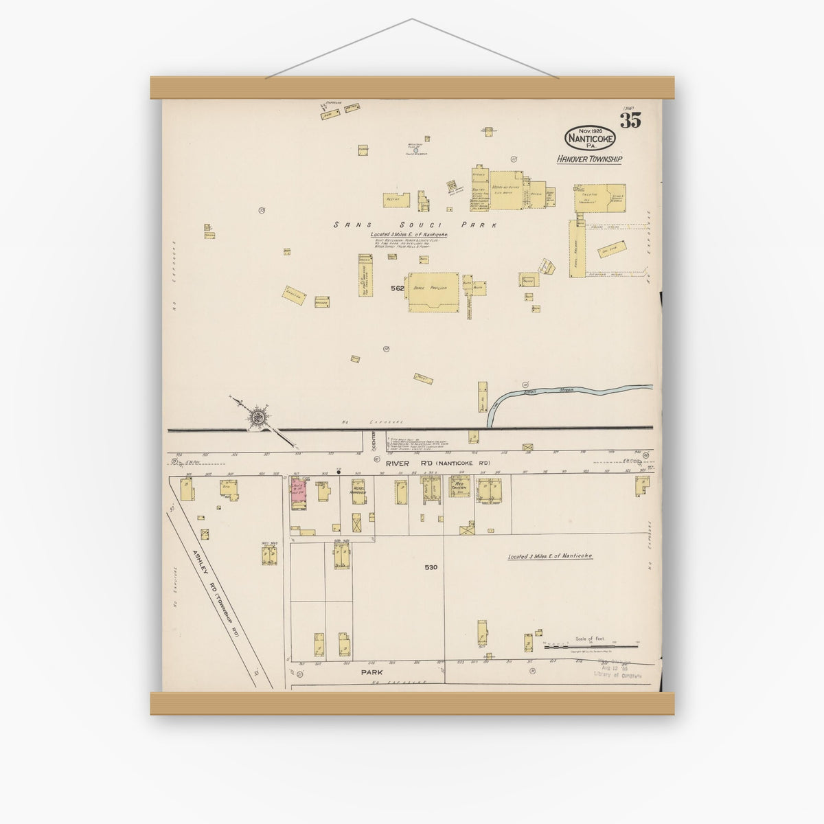 Old map wall art mockup — magnetic wood frame on white wall — Sanborn Fire Insurance Map from Nanticoke, Luzerne County, Pennsylvania (1920), Sheet #0035