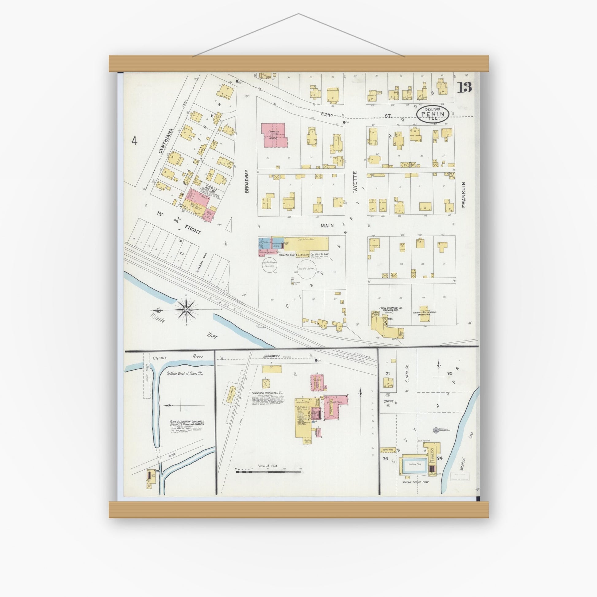 Old map wall art mockup — magnetic wood frame on white wall — Sanborn Fire Insurance Map from Pekin, Tazewell County, Illinois (1903), Sheet #0013