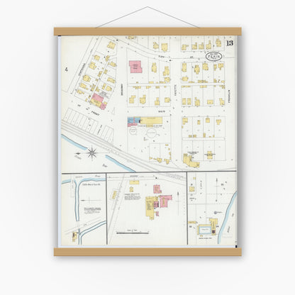 Old map wall art mockup — magnetic wood frame on white wall — Sanborn Fire Insurance Map from Pekin, Tazewell County, Illinois (1903), Sheet #0013