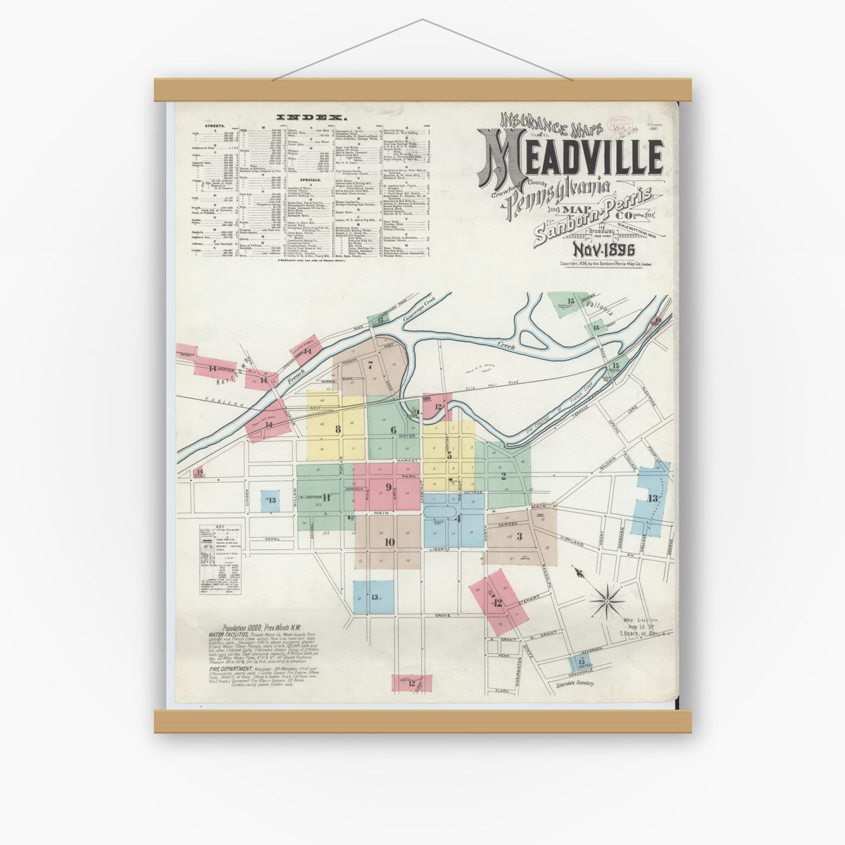 Old map wall art mockup — magnetic wood frame on white wall — Sanborn Fire Insurance Map from Meadville, Crawford County, Pennsylvania (1896), Sheet #0001