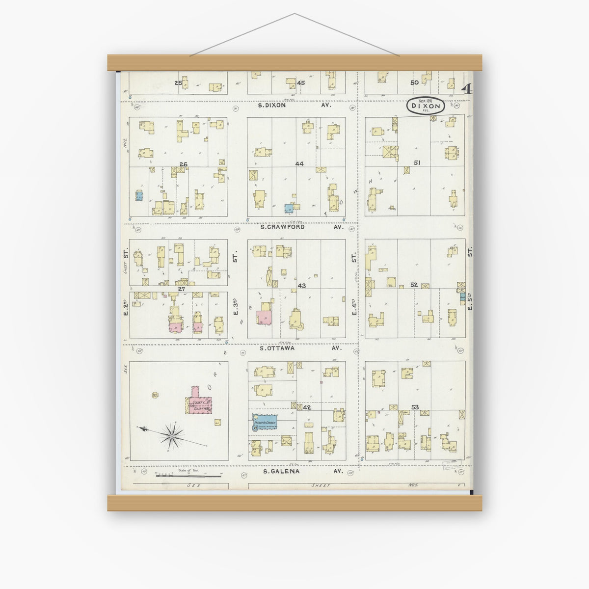 Old map wall art mockup — magnetic wood frame on white wall — Sanborn Fire Insurance Map from Dixon, Lee County, Illinois (1891), Sheet #0004