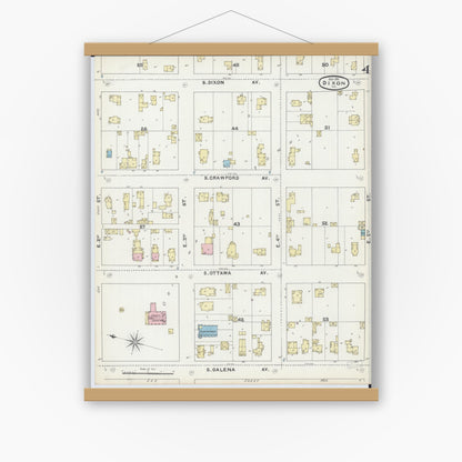Old map wall art mockup — magnetic wood frame on white wall — Sanborn Fire Insurance Map from Dixon, Lee County, Illinois (1891), Sheet #0004