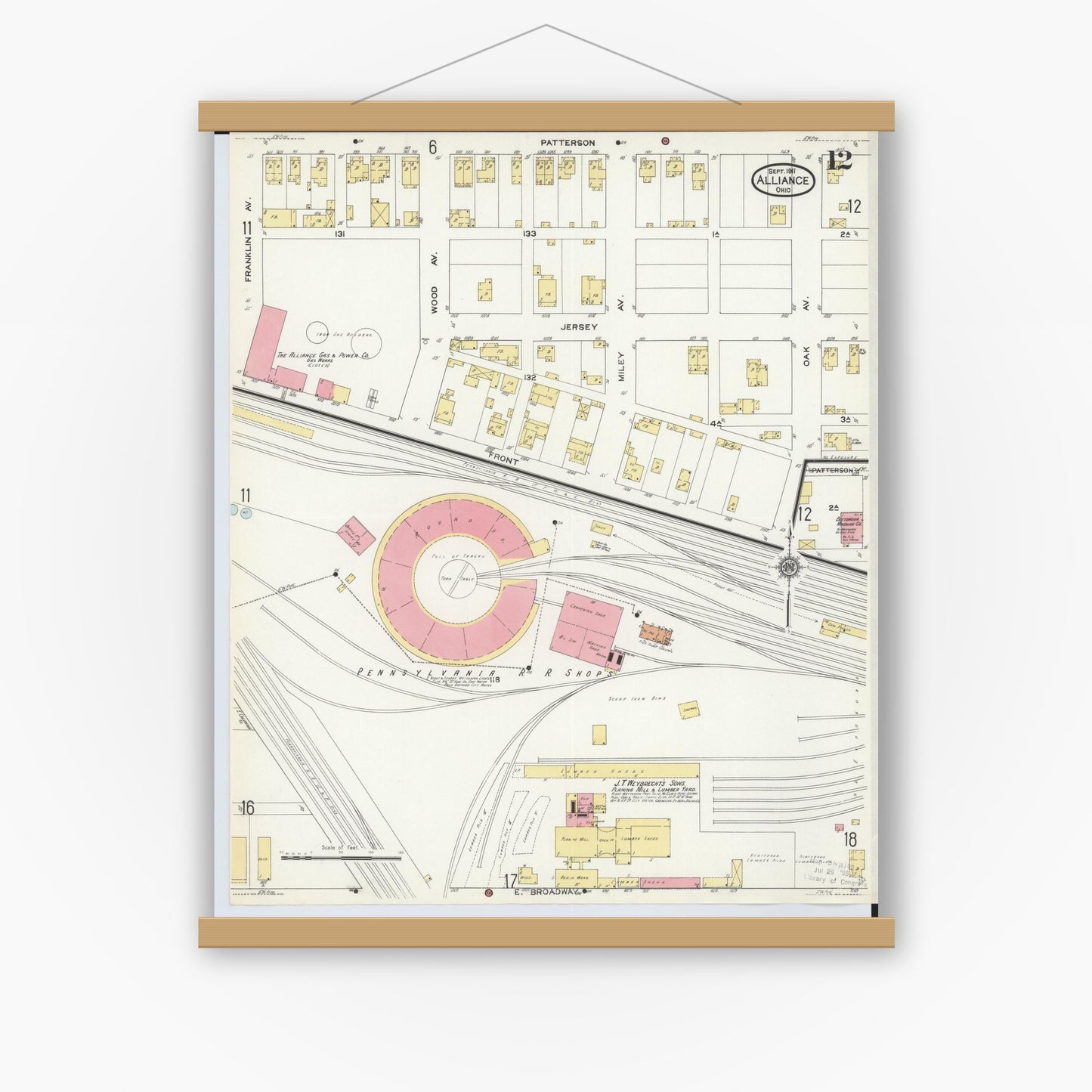 Old map wall art mockup — magnetic wood frame on white wall — Sanborn Fire Insurance Map from Alliance, Stark County, Ohio (1911), Sheet #0012