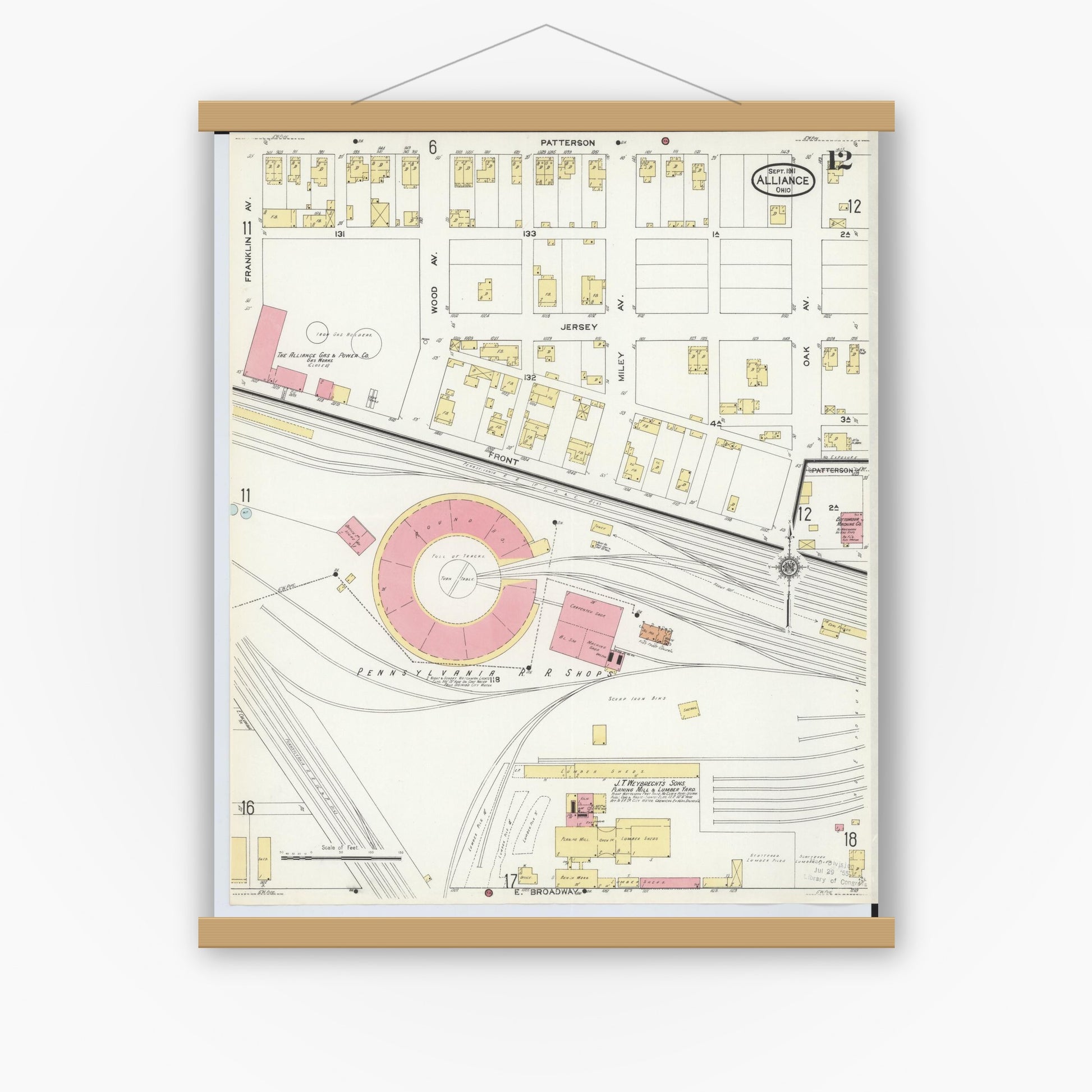 Old map wall art mockup — magnetic wood frame on white wall — Sanborn Fire Insurance Map from Alliance, Stark County, Ohio (1911), Sheet #0012