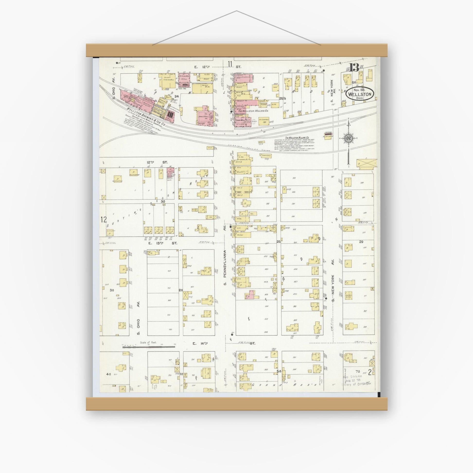Old map wall art mockup — magnetic wood frame on white wall — Sanborn Fire Insurance Map from Wellston, Jackson County, Ohio (1911), Sheet #0013