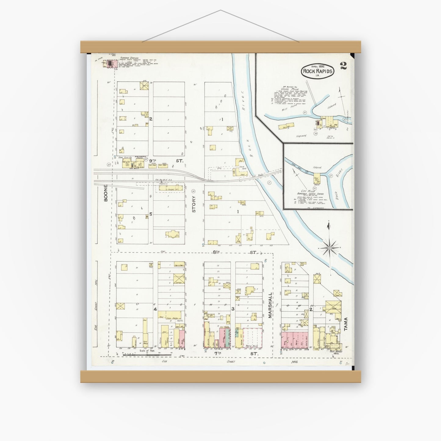 Old map wall art mockup — magnetic wood frame on white wall — Sanborn Fire Insurance Map from Rock Rapids, Lyon County, Iowa (1892), Sheet #0002