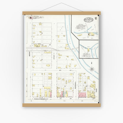Old map wall art mockup — magnetic wood frame on white wall — Sanborn Fire Insurance Map from Rock Rapids, Lyon County, Iowa (1892), Sheet #0002