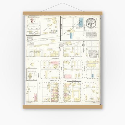 Old map wall art mockup — magnetic wood frame on white wall — Sanborn Fire Insurance Map from Britt, Hancock County, Iowa (1914) â€” Complete Set