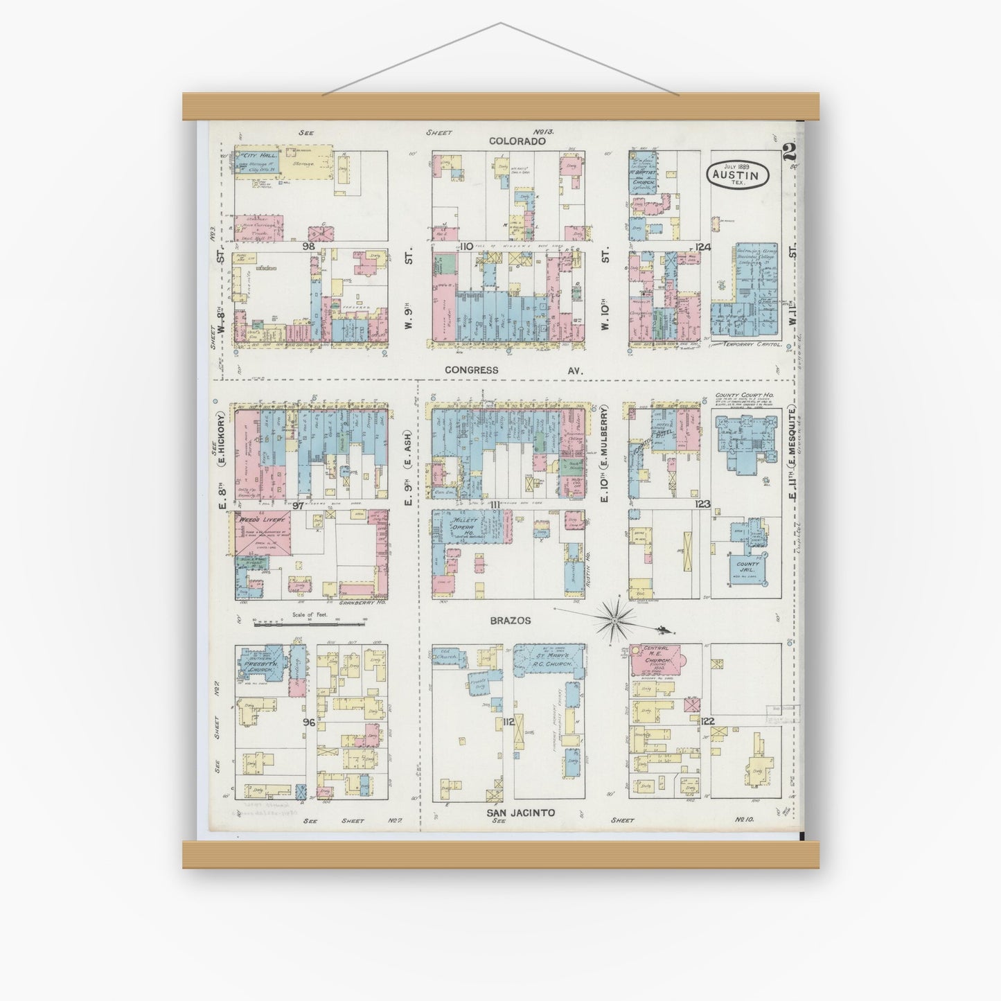 Old map wall art mockup — magnetic wood frame on white wall — Sanborn Fire Insurance Map from Austin, Travis County, Texas (1889), Sheet #0002
