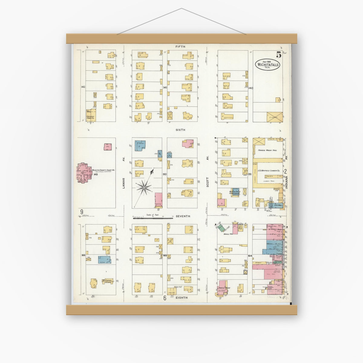 Old map wall art mockup — magnetic wood frame on white wall — Sanborn Fire Insurance Map from Wichita Falls, Wichita County, Texas (1908), Sheet #0005