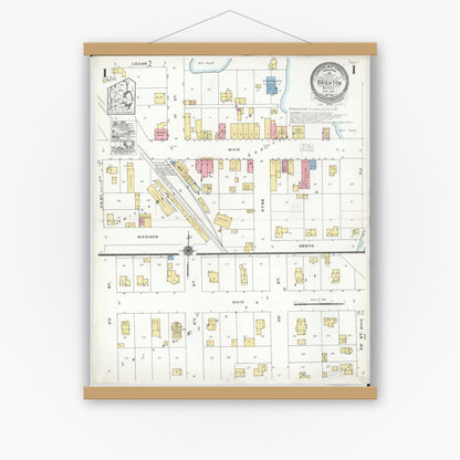 Old map wall art mockup — magnetic wood frame on white wall — Sanborn Fire Insurance Map from Brighton, Livingston County, Michigan (1923), Sheet #0001