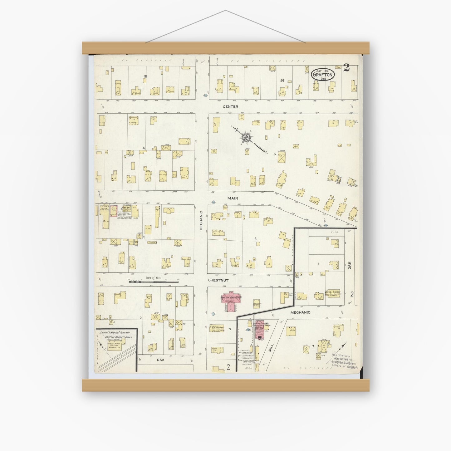 Old map wall art mockup — magnetic wood frame on white wall — Sanborn Fire Insurance Map from Grafton, Lorain County, Ohio (1913), Sheet #0002