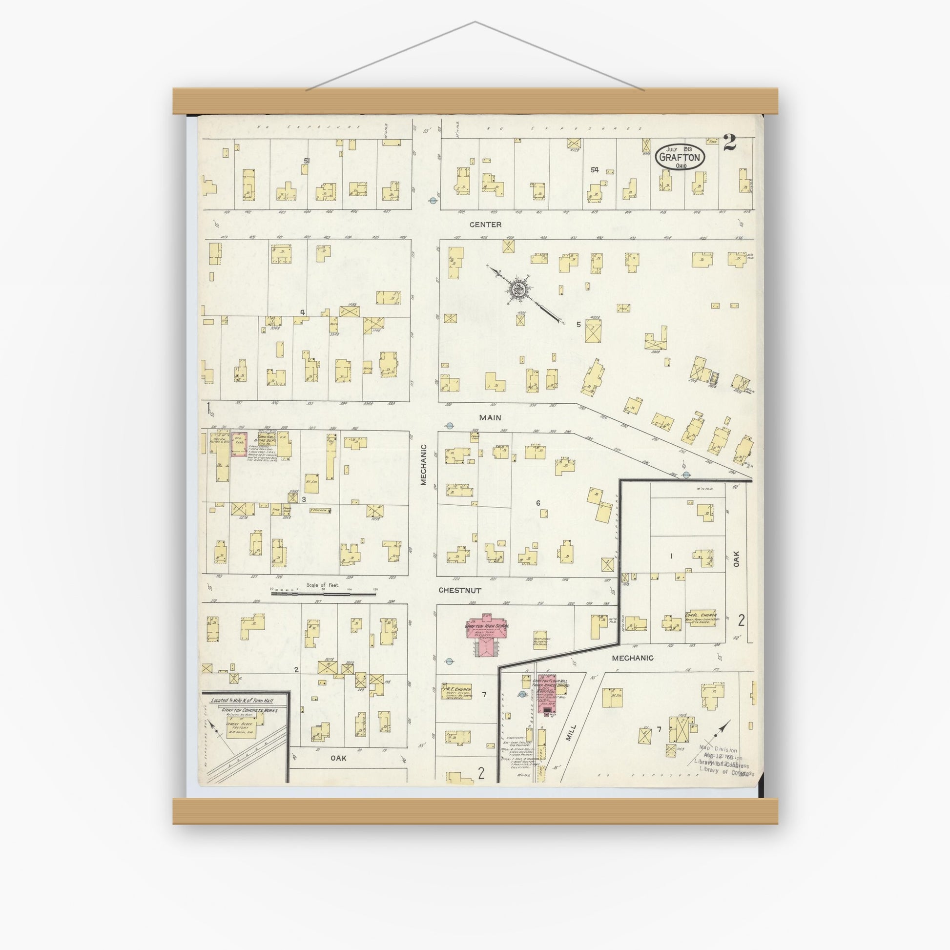 Old map wall art mockup — magnetic wood frame on white wall — Sanborn Fire Insurance Map from Grafton, Lorain County, Ohio (1913), Sheet #0002