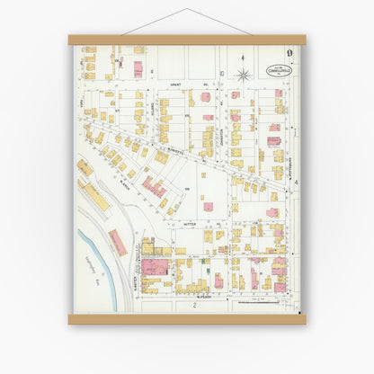 Old map wall art mockup — magnetic wood frame on white wall — Sanborn Fire Insurance Map from Connellsville, Fayette County, Pennsylvania (1901), Sheet #0009