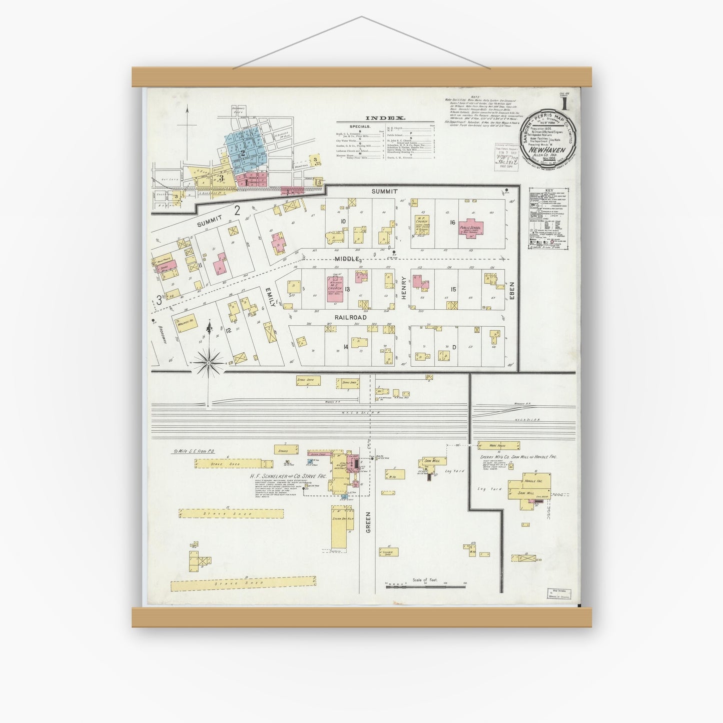 Old map wall art mockup — magnetic wood frame on white wall — Sanborn Fire Insurance Map from New Haven, Allen County, Indiana (1900) - Complete Map Set