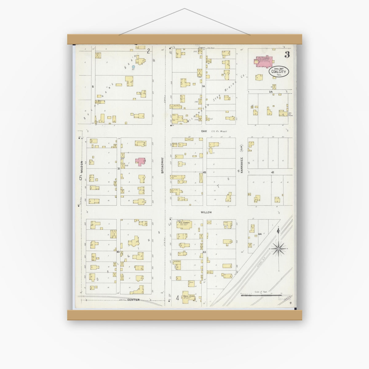 Old map wall art mockup — magnetic wood frame on white wall — Sanborn Fire Insurance Map from Coal City, Grundy County, Illinois (1907), Sheet #0003