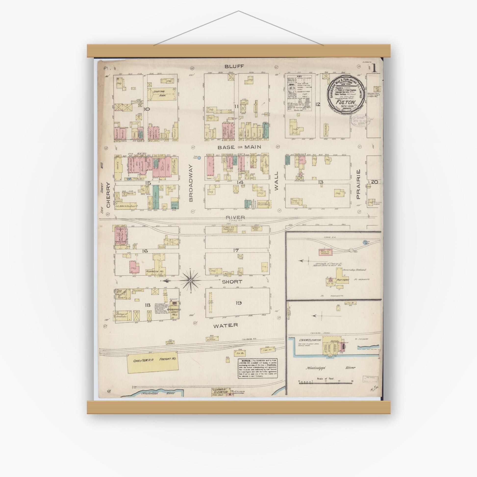 Old map wall art mockup — magnetic wood frame on white wall — Sanborn Fire Insurance Map from Fulton, Whiteside County, Illinois (1884), Sheet #0001