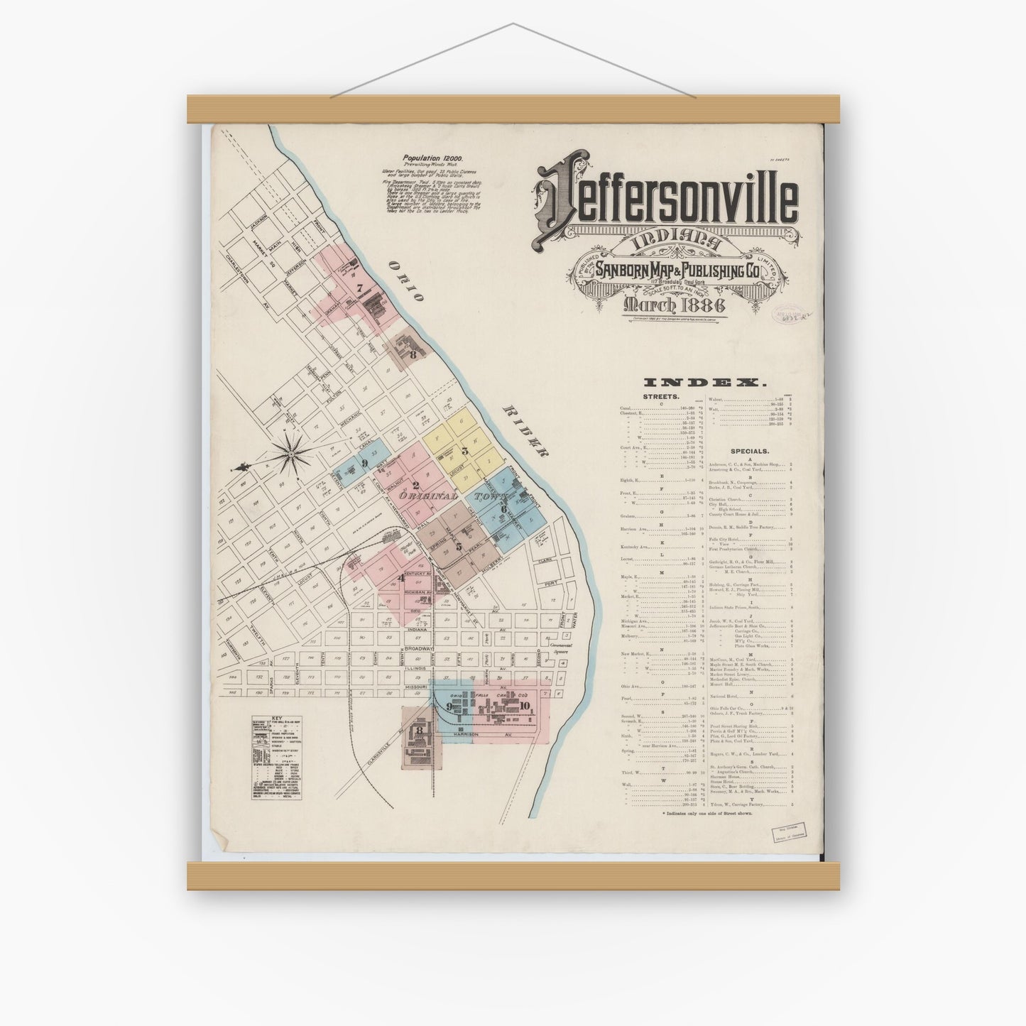 Old map wall art mockup — magnetic wood frame on white wall — Sanborn Fire Insurance Map from Jeffersonville, Clark County, Indiana (1886) - Complete Map Set