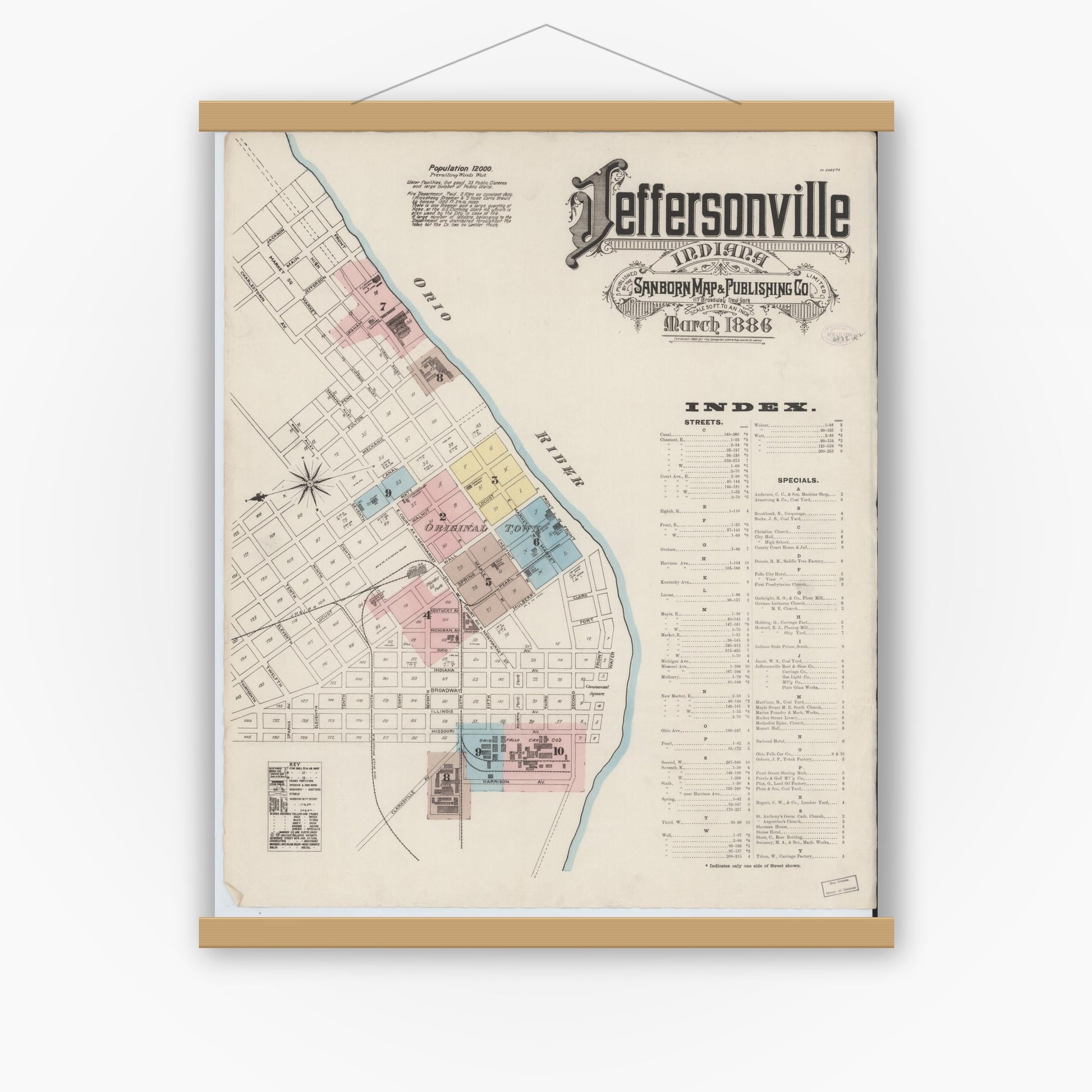 Old map wall art mockup — magnetic wood frame on white wall — Sanborn Fire Insurance Map from Jeffersonville, Clark County, Indiana (1886) - Complete Map Set