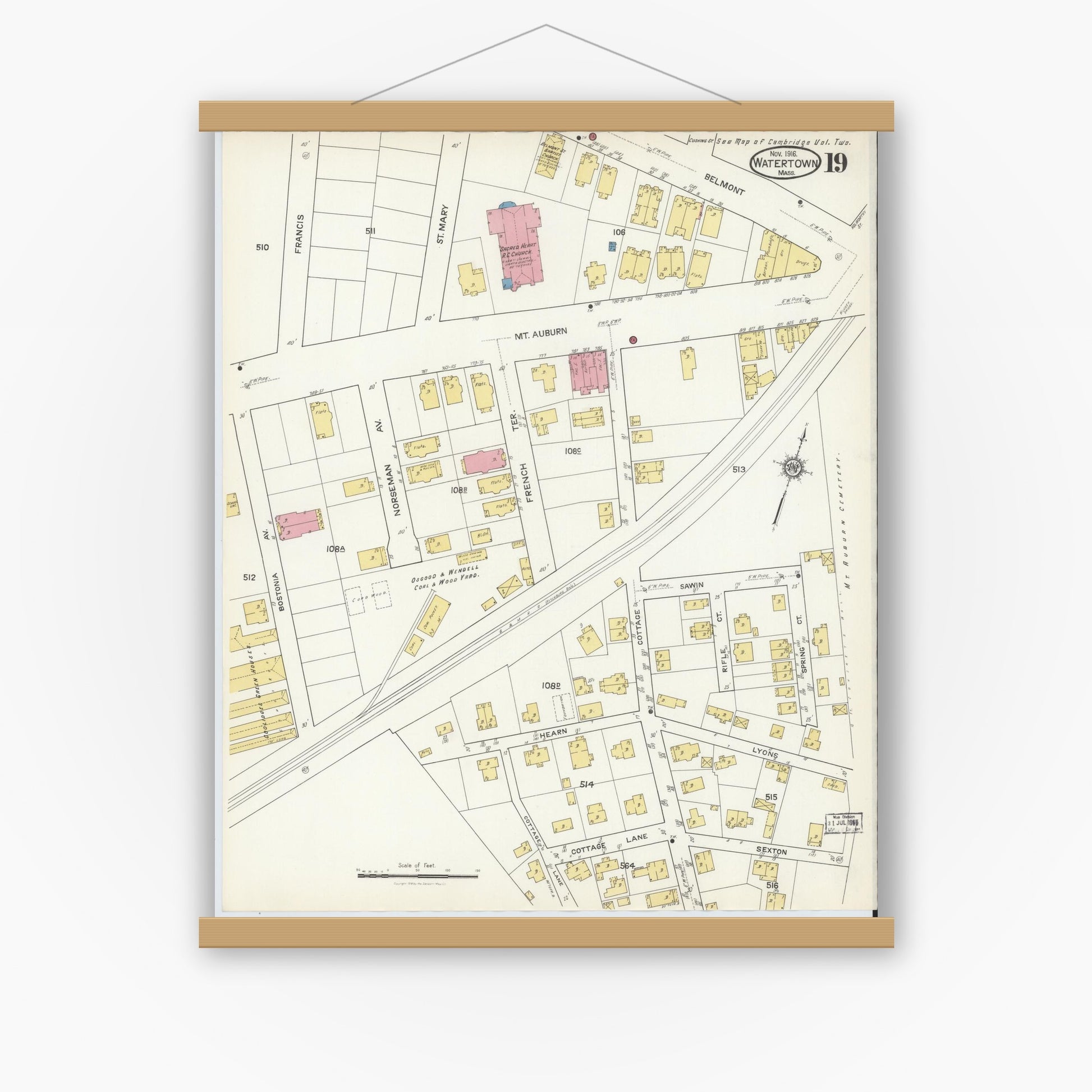 Old map wall art mockup — magnetic wood frame on white wall — Sanborn Fire Insurance Map from Watertown, Middlesex County, Massachusetts (1916), Sheet #0019