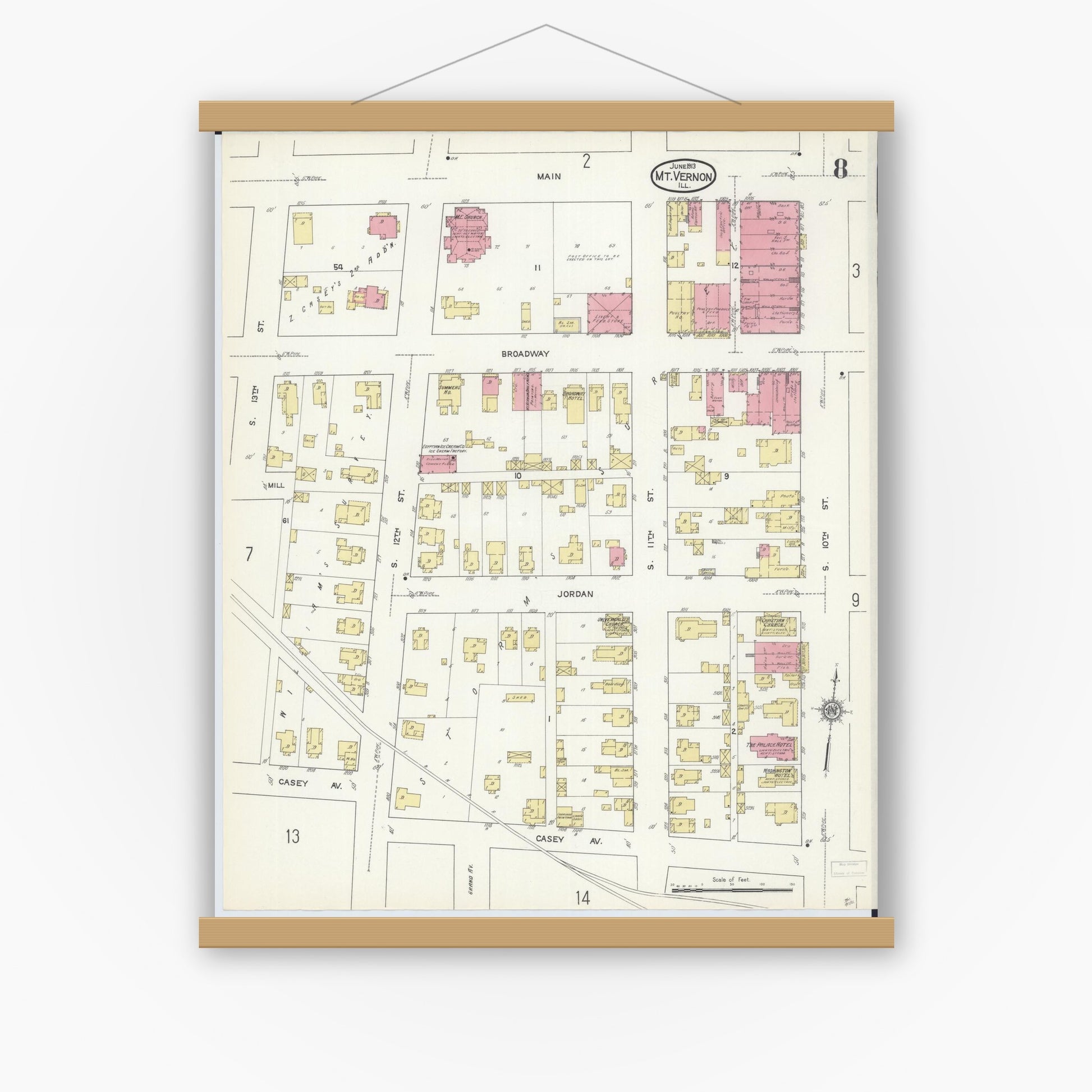 Old map wall art mockup — magnetic wood frame on white wall — Sanborn Fire Insurance Map from Mount Vernon, Jefferson County, Illinois (1913), Sheet #0008
