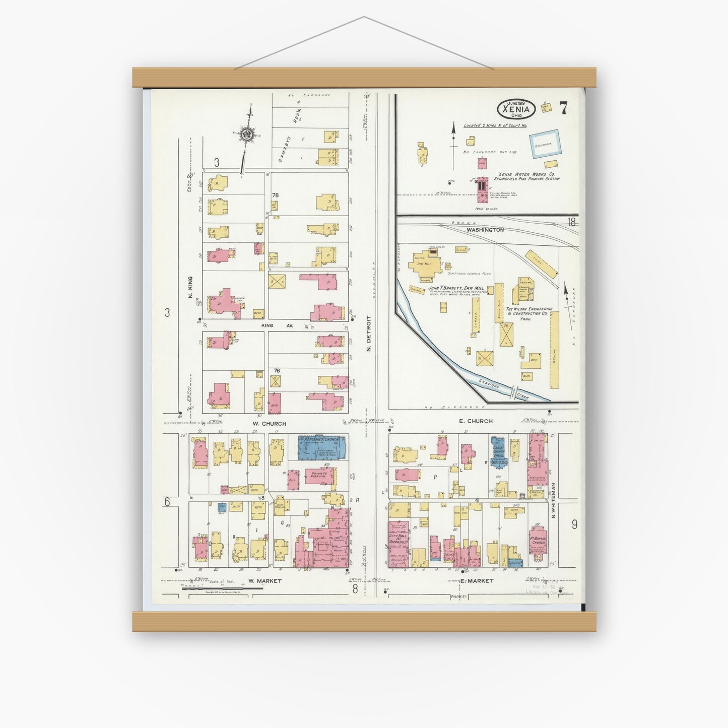 Old map wall art mockup — magnetic wood frame on white wall — Sanborn Fire Insurance Map from Xenia, Greene County, Ohio (1919), Sheet #0007