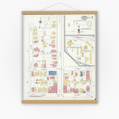 Old map wall art mockup — magnetic wood frame on white wall — Sanborn Fire Insurance Map from Xenia, Greene County, Ohio (1919), Sheet #0007