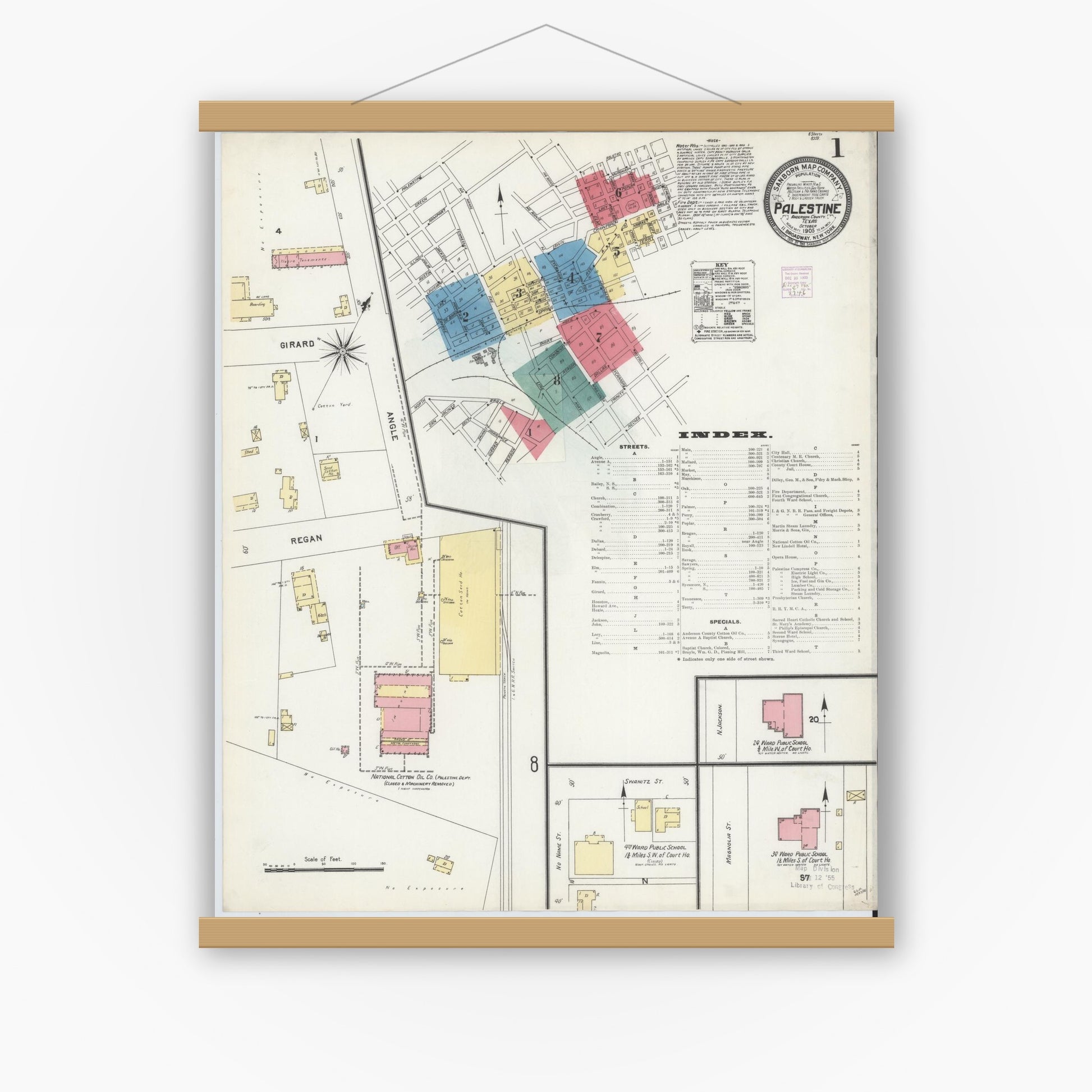 Old map wall art mockup — magnetic wood frame on white wall — Sanborn Fire Insurance Map from Palestine, Anderson County, Texas (1905) - Complete Map Set
