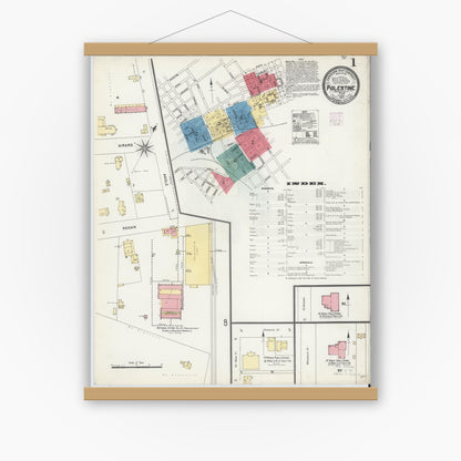 Old map wall art mockup — magnetic wood frame on white wall — Sanborn Fire Insurance Map from Palestine, Anderson County, Texas (1905) - Complete Map Set