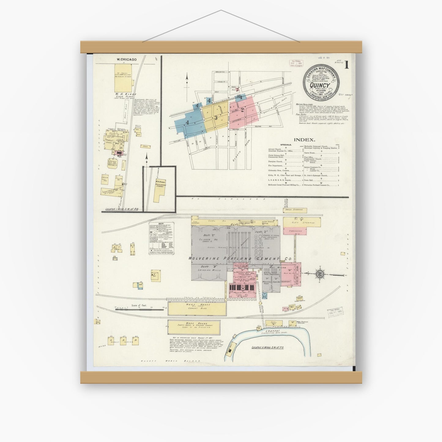 Old map wall art mockup — magnetic wood frame on white wall — Sanborn Fire Insurance Map from Quincy, Branch County, Michigan (1911) - Complete Map Set