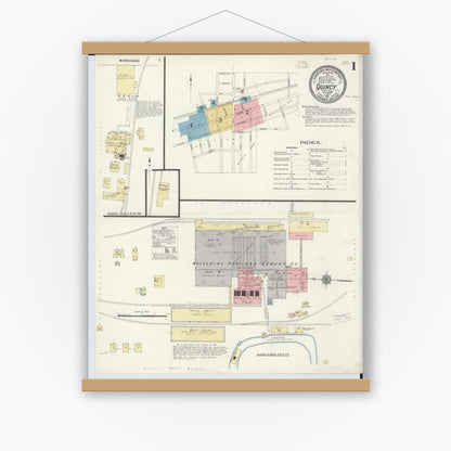 Old map wall art mockup — magnetic wood frame on white wall — Sanborn Fire Insurance Map from Quincy, Branch County, Michigan (1911) - Complete Map Set