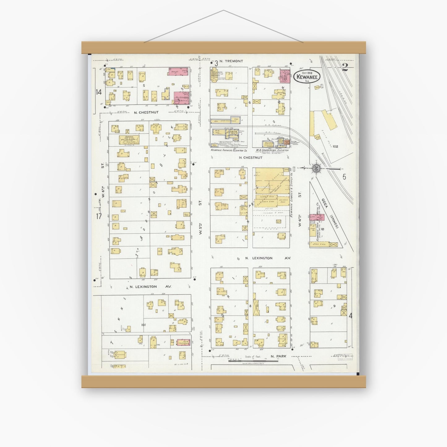 Old map wall art mockup — magnetic wood frame on white wall — Sanborn Fire Insurance Map from Kewanee, Henry County, Illinois (1918), Sheet #0002