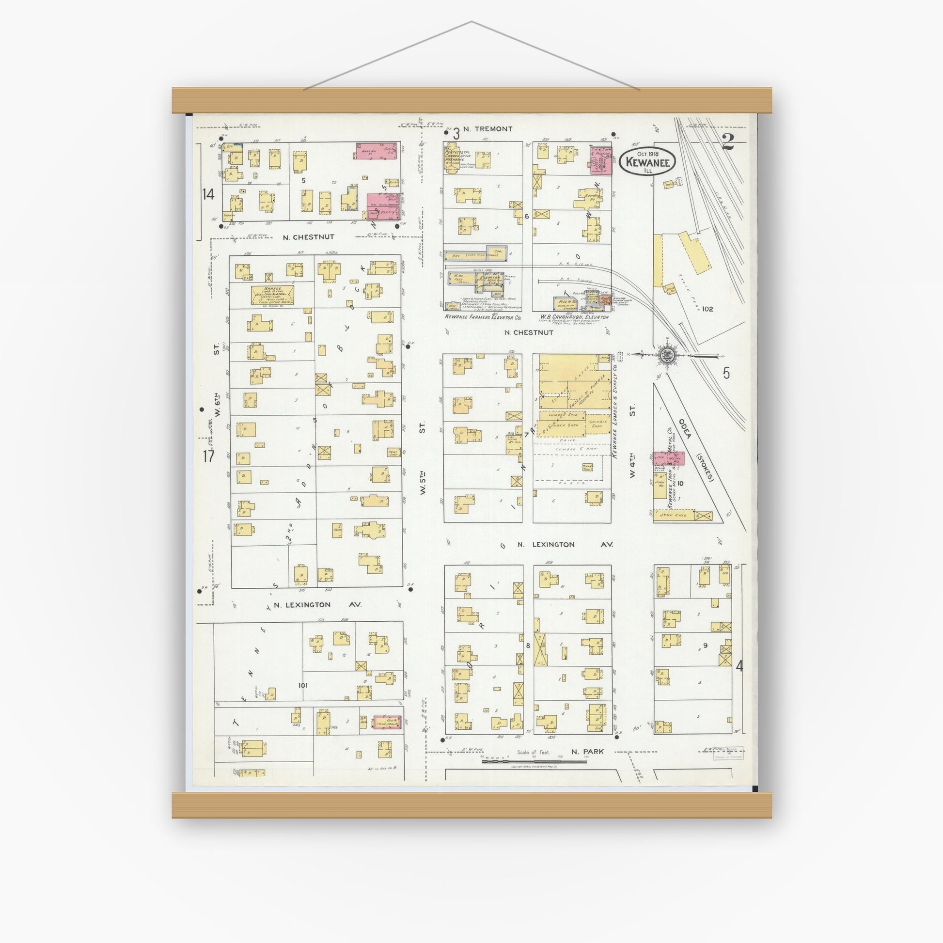 Old map wall art mockup — magnetic wood frame on white wall — Sanborn Fire Insurance Map from Kewanee, Henry County, Illinois (1918), Sheet #0002