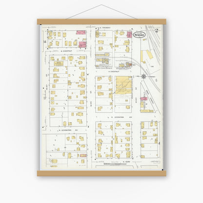 Old map wall art mockup — magnetic wood frame on white wall — Sanborn Fire Insurance Map from Kewanee, Henry County, Illinois (1918), Sheet #0002