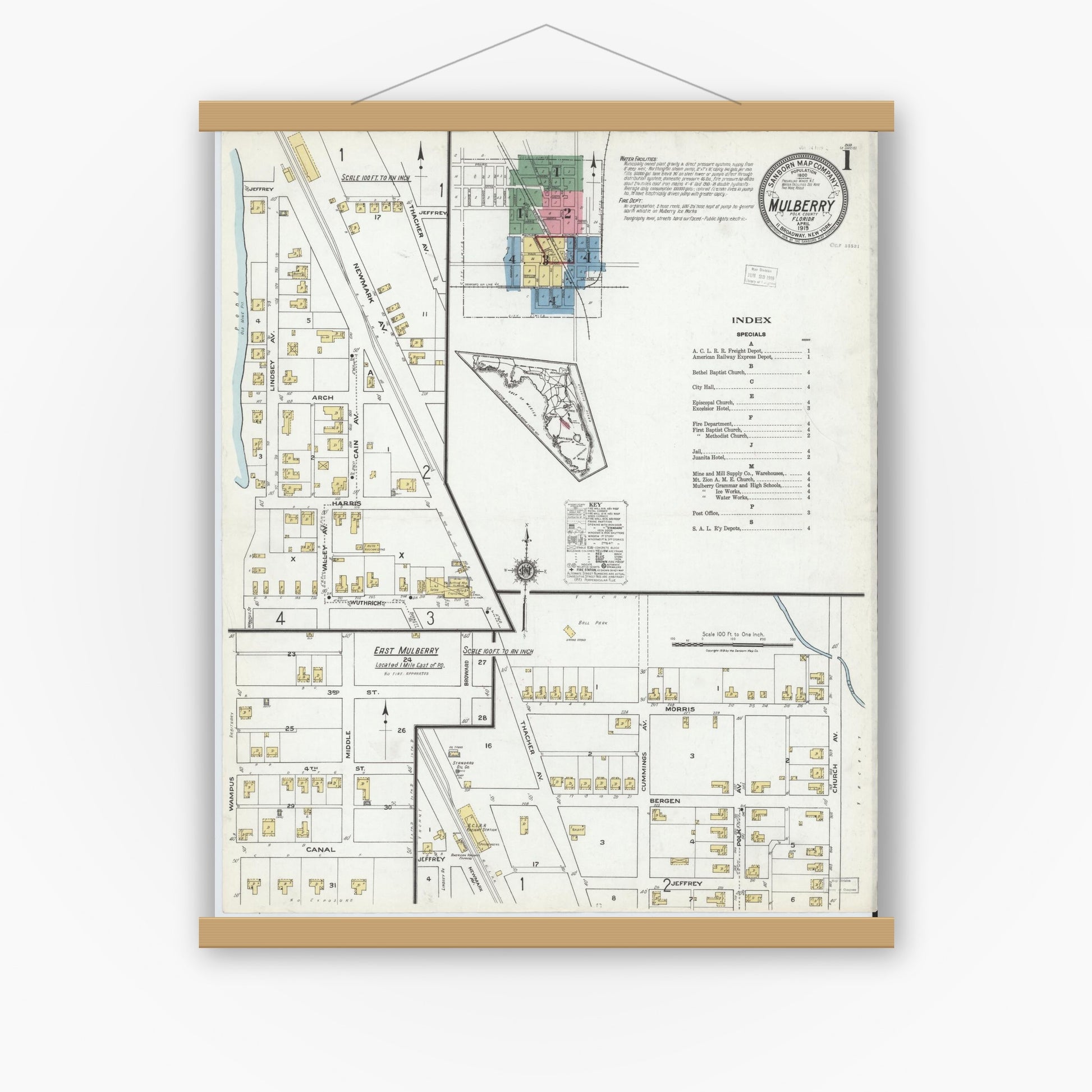 Old map wall art mockup — magnetic wood frame on white wall — Sanborn Fire Insurance Map from Mulberry, Polk County, Florida (1919) - Complete Map Set