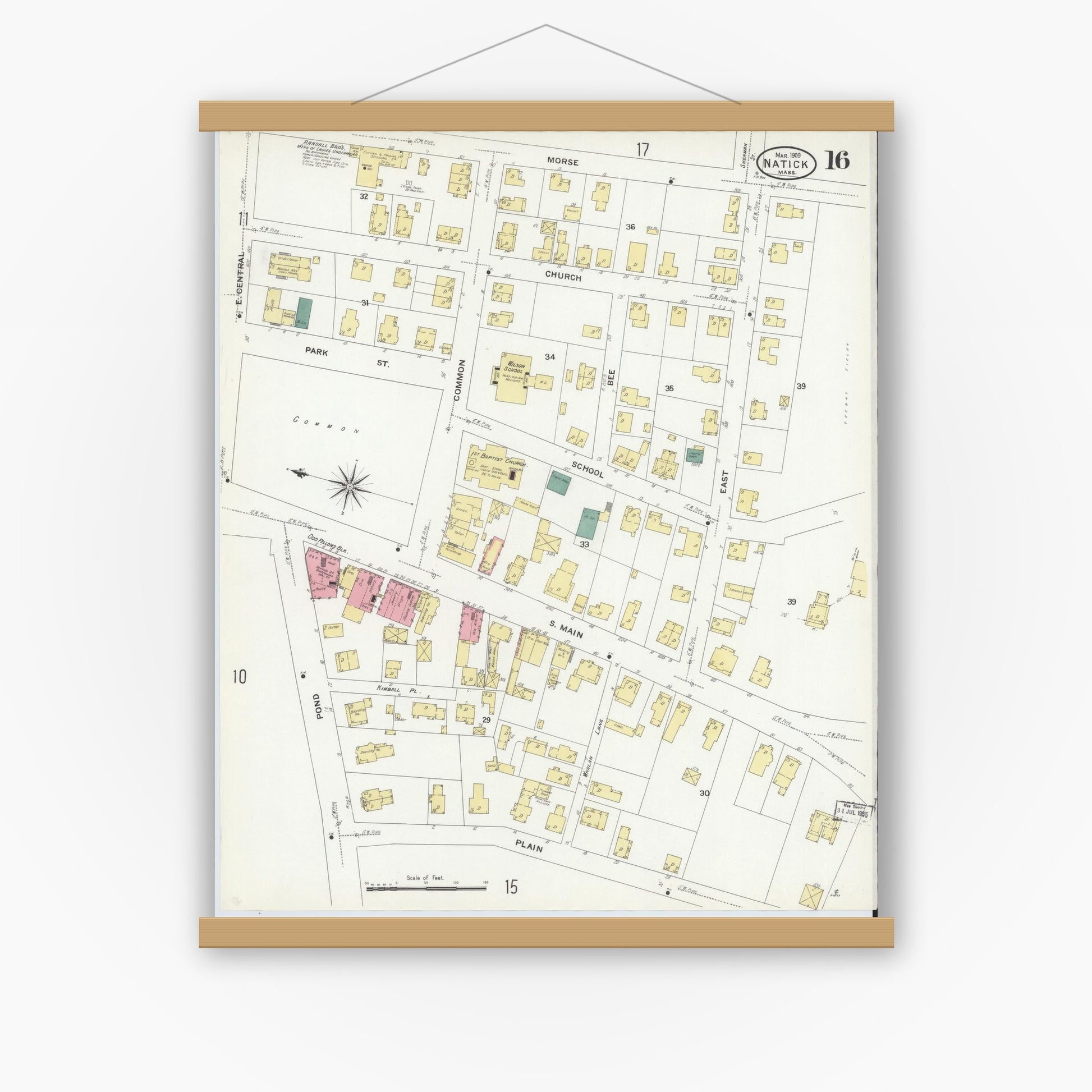Old map wall art mockup — magnetic wood frame on white wall — Sanborn Fire Insurance Map from Natick, Middlesex County, Massachusetts (1909), Sheet #0016
