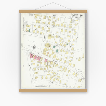 Old map wall art mockup — magnetic wood frame on white wall — Sanborn Fire Insurance Map from Natick, Middlesex County, Massachusetts (1909), Sheet #0016