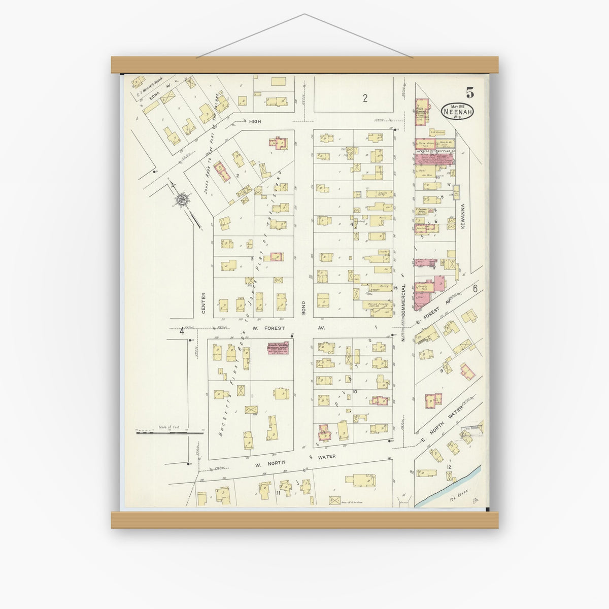 Old map wall art mockup — magnetic wood frame on white wall — Sanborn Fire Insurance Map from Neenah, Winnebago County, Wisconsin (1913), Sheet #0005