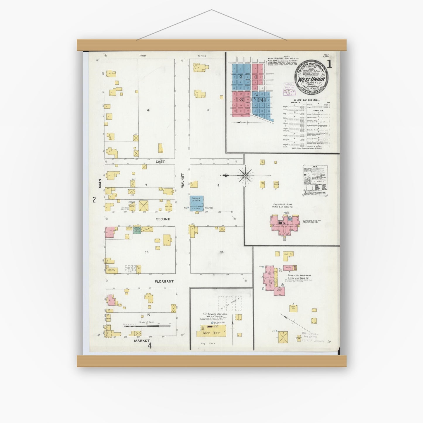 Old map wall art mockup — magnetic wood frame on white wall — Sanborn Fire Insurance Map from West Union, Adams County, Ohio (1904) - Complete Map Set