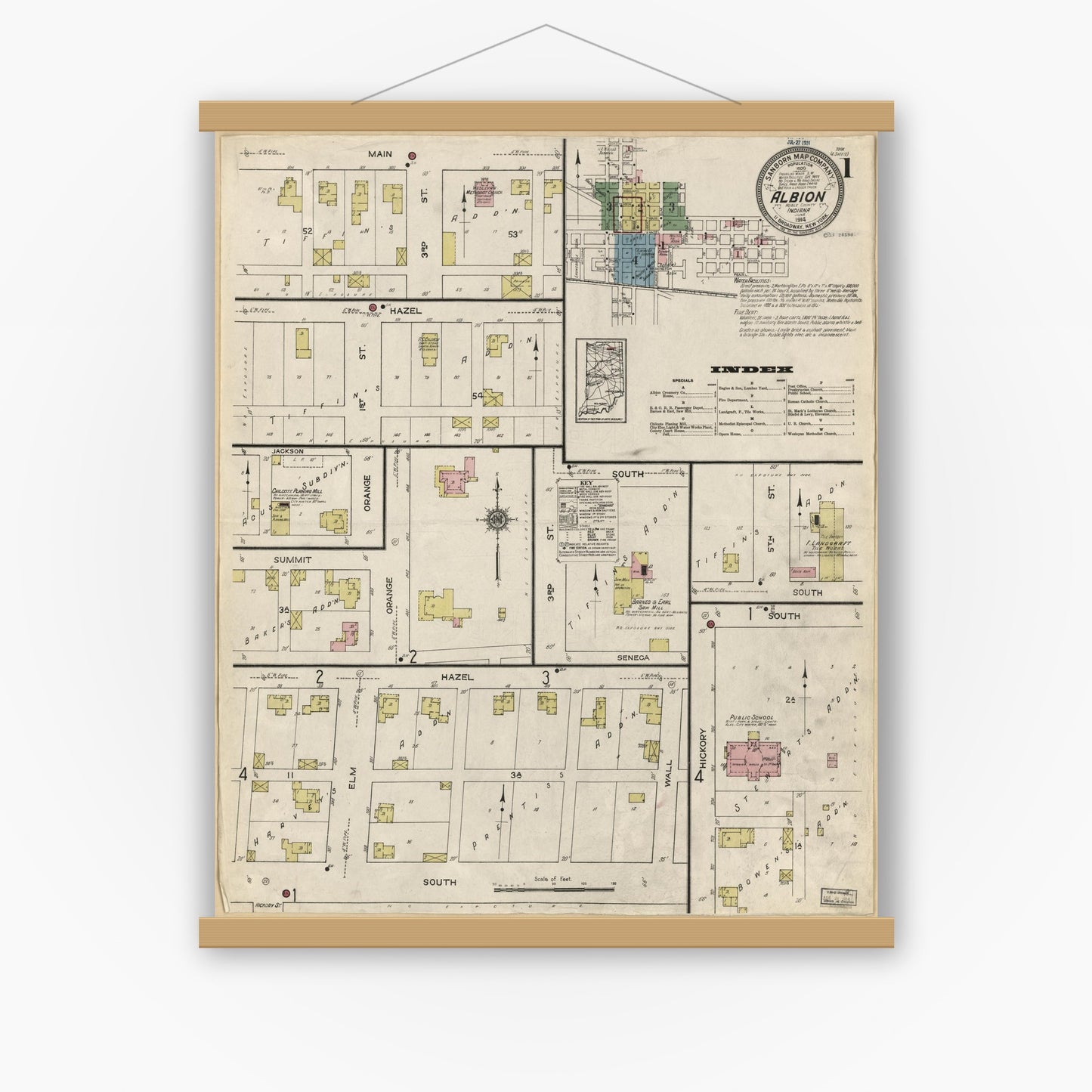 Old map wall art mockup — magnetic wood frame on white wall — Sanborn Fire Insurance Map from Albion, Noble County, Indiana (1914), Sheet #0001